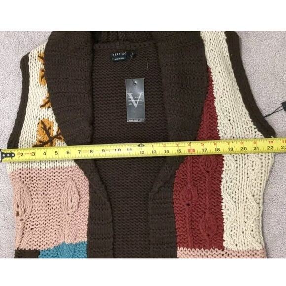 Vertigo Womens L Chunky Crochet Long Sweater Vest Brown Patchwork Boho Western - Picture 7 of 10